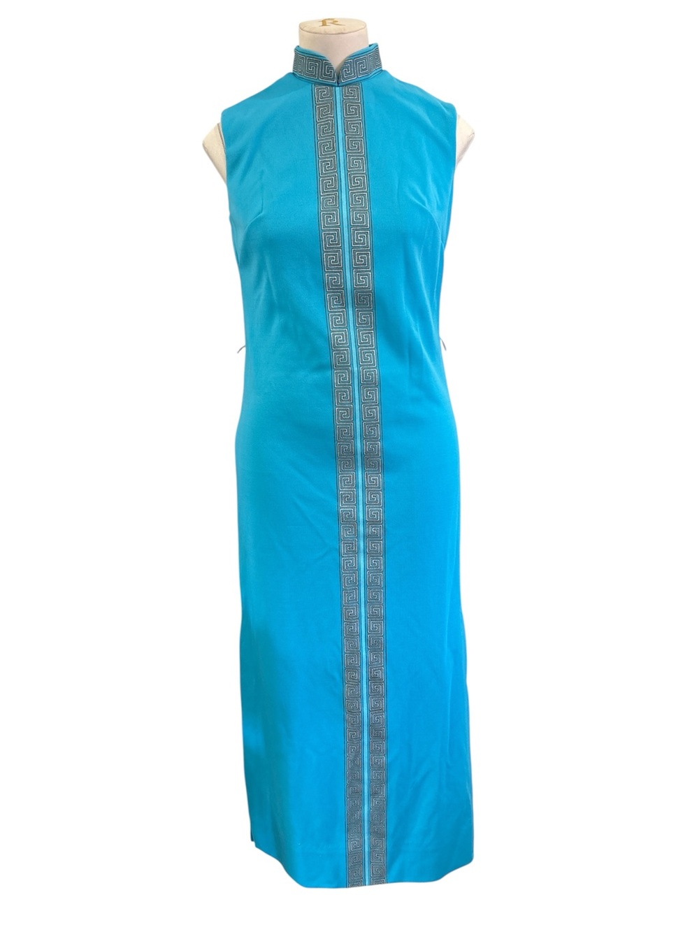 70’s Alfred Shaheen Greek key print sleeveless sheath maxi dress